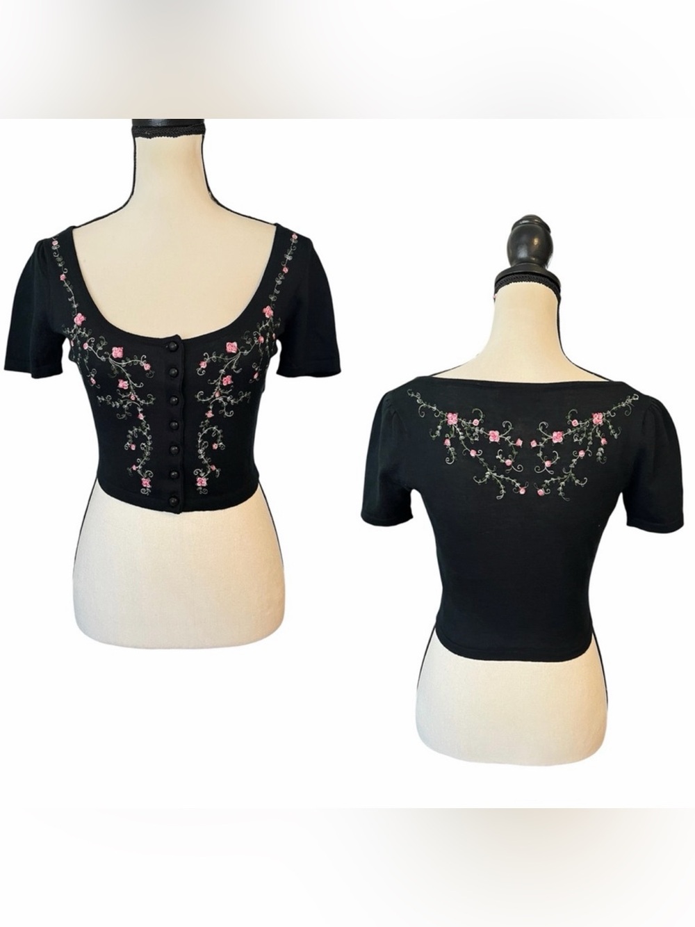 Vintage Betsey Johnson Floral Embroidery Short Sleeve Cardigan Top Blouse